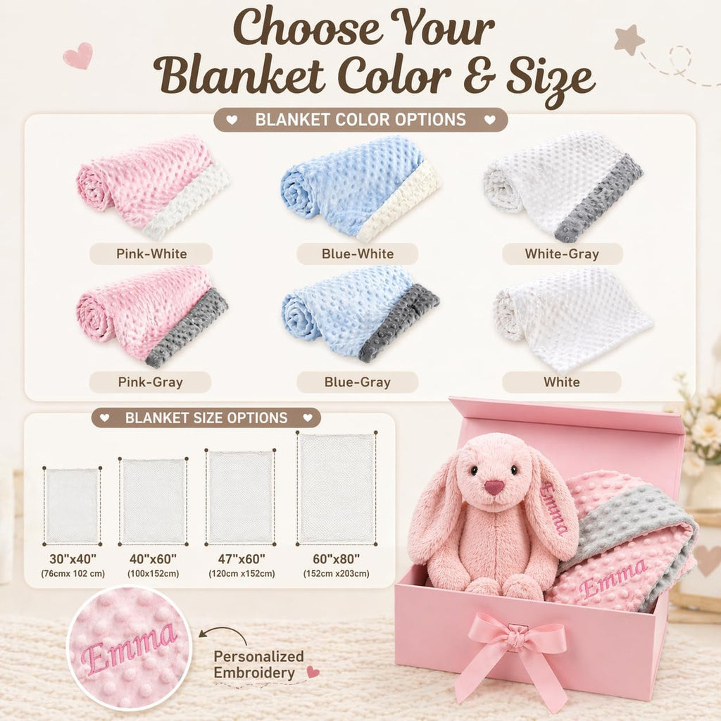 Terwex Personalized Baby Blanket & Plush Bunny Set, Custom Baby Blankets for Girls Boys with Name, Customized 2-in-1 Dot Receiving Swaddle & Rabbit Set, Toddler Infant Gifts for Baby Shower Birthday