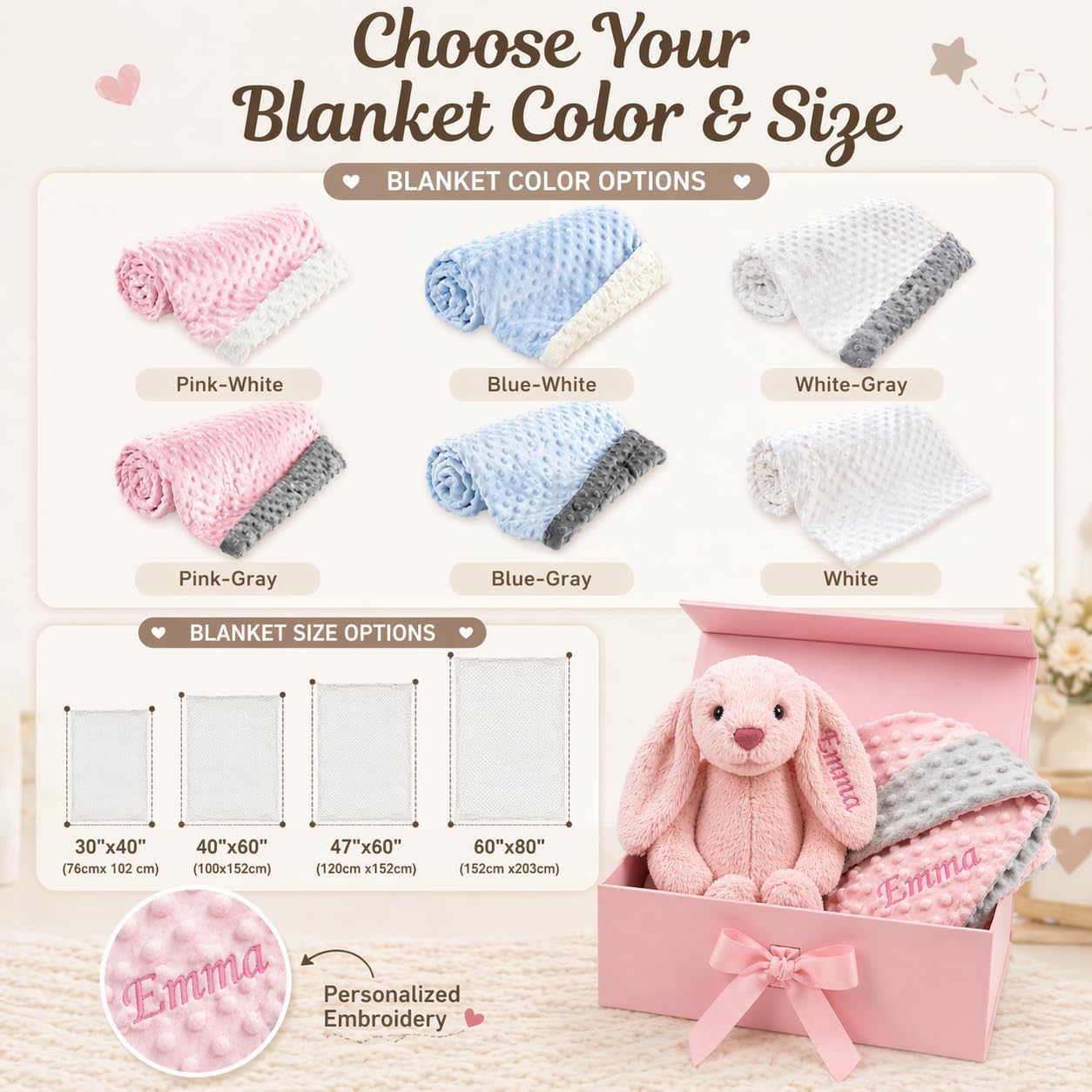 Terwex Personalized Baby Blanket & Plush Bunny Set, Custom Baby Blankets for Girls Boys with Name, Customized 2-in-1 Dot Receiving Swaddle & Rabbit Set, Toddler Infant Gifts for Baby Shower Birthday