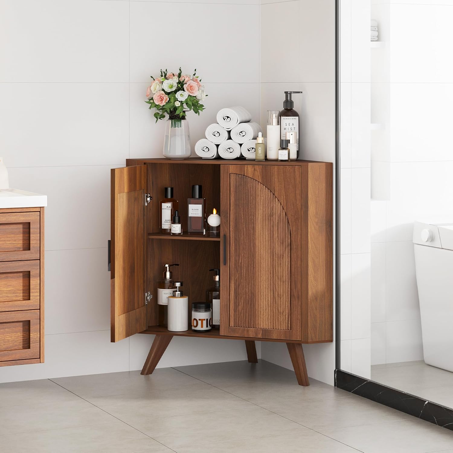 BERRYMERRY Fluted Corner Cabinet with Storage,Space Saving Corner Floor Cabinet with Adjustable Shelve & Arched Profile Door for Living Room Kitchen Bathroom (Brown, 15.7”D x 31.5”W x 30.7”H)