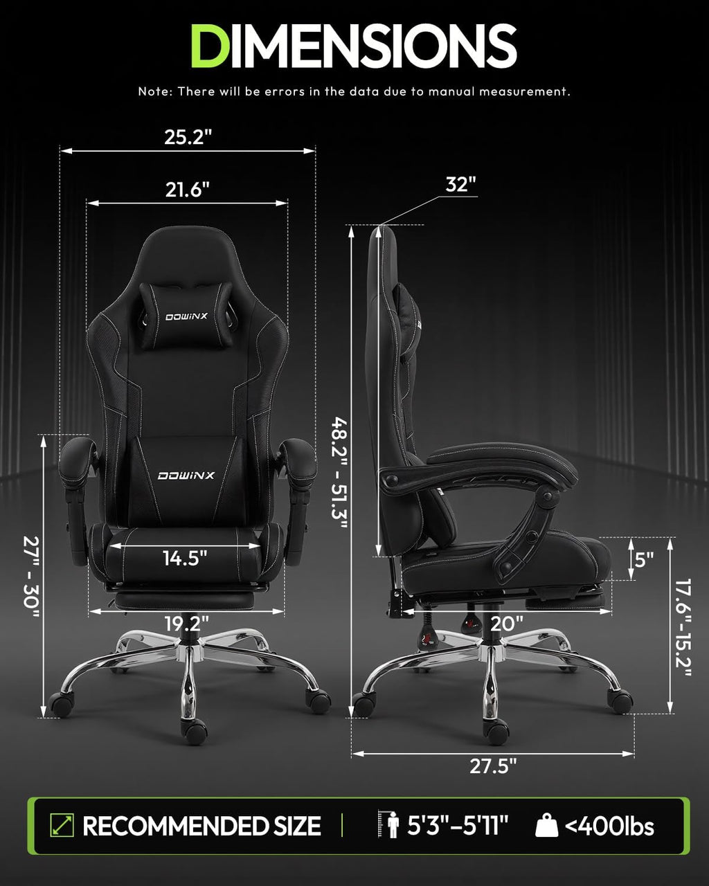 Dowinx Ergonomic Gaming Chair with Footrest & Massage Lumbar, 2D-Linkage Armrests for Computer Chair 330lbs with Headrest Pillow for Office, Home, Streaming and Long Gaming Sessions, Black