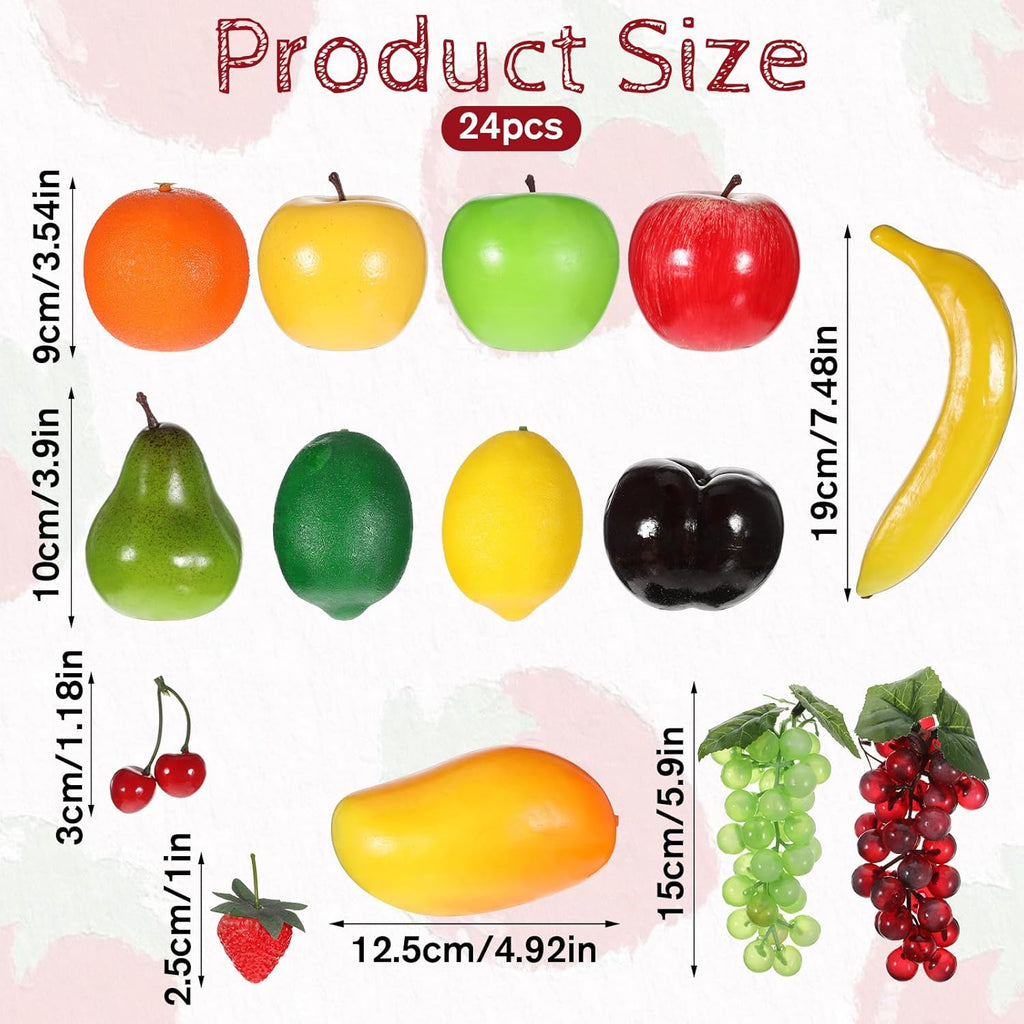 24 Pcs Artificial Fruits Pack Realistic Fake Fruit for Decoration Party Simulation Fruit Props for Photography Display Decoration Home Kitchen Lifelike Realistic Fake Fruits Strawberry, Mango, Bananas