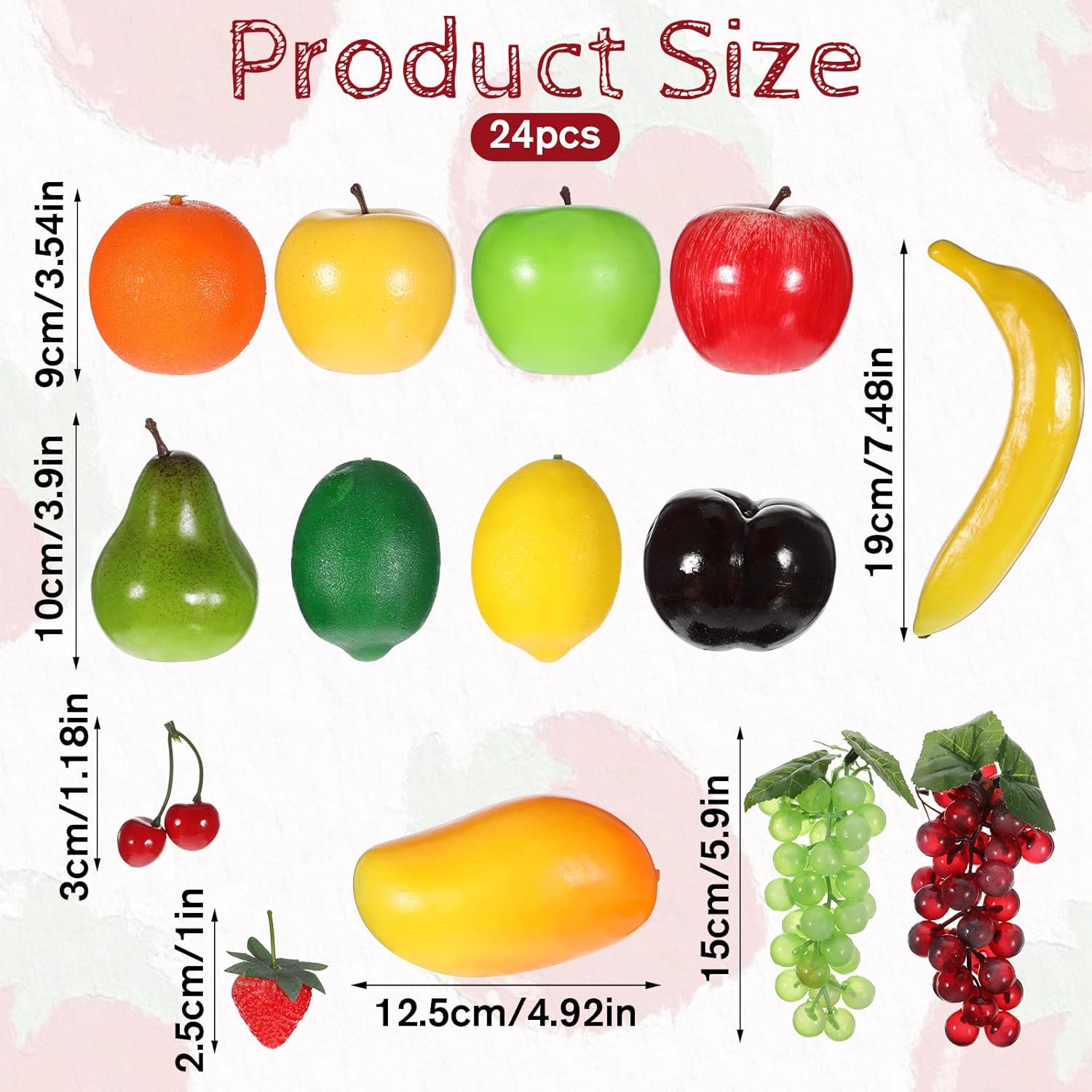 24 Pcs Artificial Fruits Pack Realistic Fake Fruit for Decoration Party Simulation Fruit Props for Photography Display Decoration Home Kitchen Lifelike Realistic Fake Fruits Strawberry, Mango, Bananas