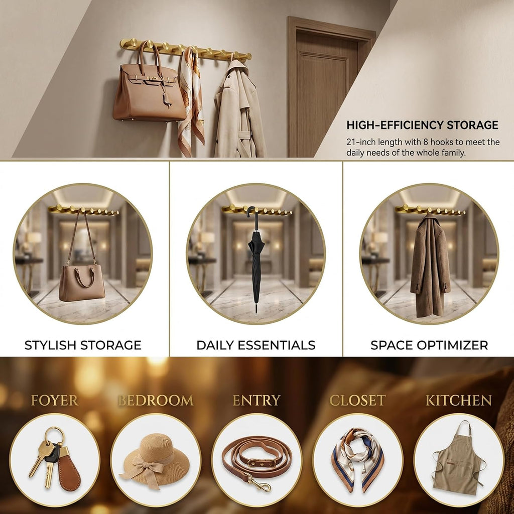 Brushed Gold Wall Mounted Coat Rack [2 Pack], 21" Heavy Duty 304 Stainless Steel Hook Rack with 8 Hooks, Entryway & Bathroom Hanging Organizer for Coats, Towels, Robes (Drilling)
