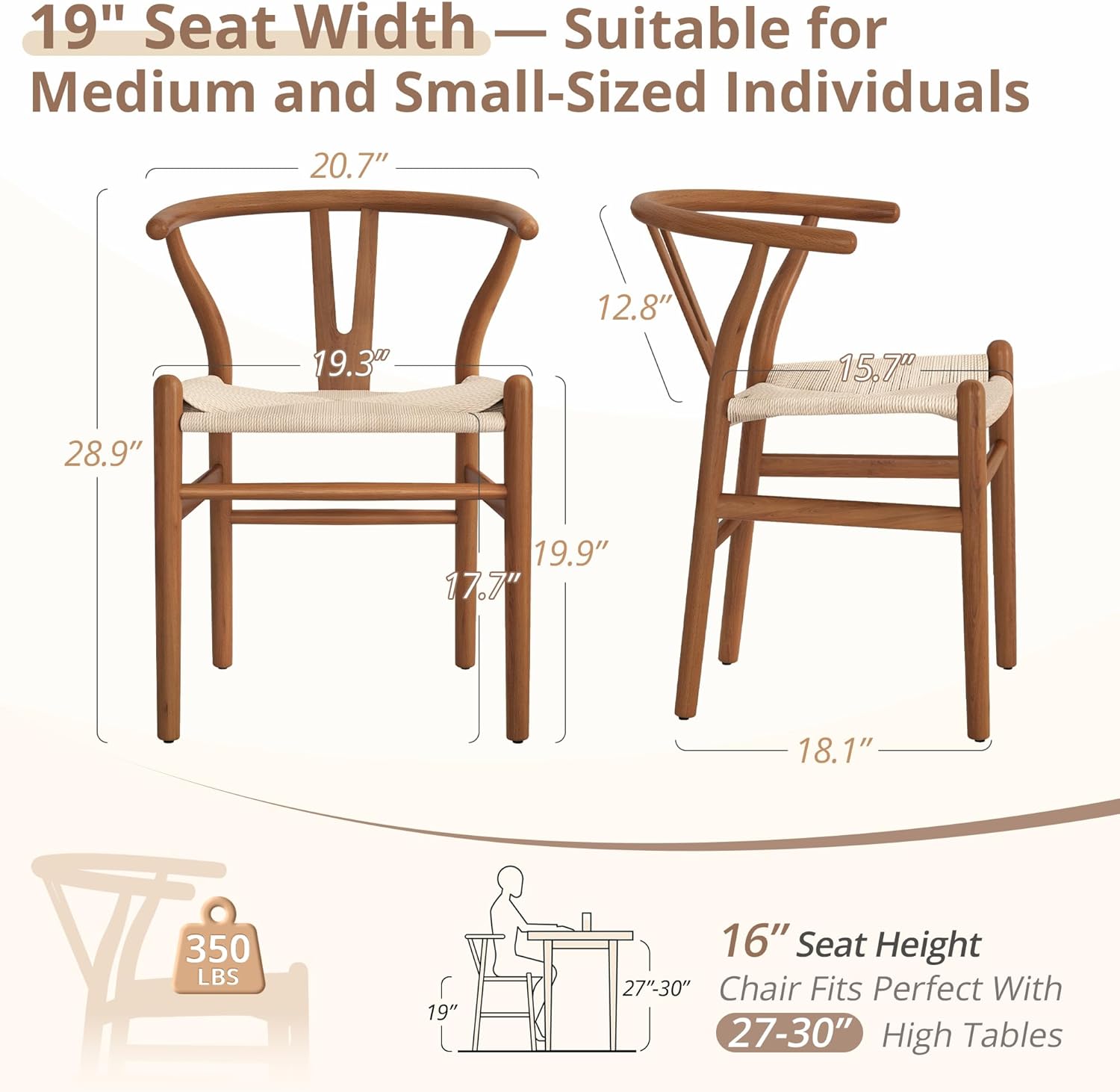 LUE BONA Solid Wood Wishbone Dining Chair Set of 6, Mid Century Modern Y-Shaped Backrest Dining Room Chairs, Fully Assembled Handwoven Seat, Light Brown