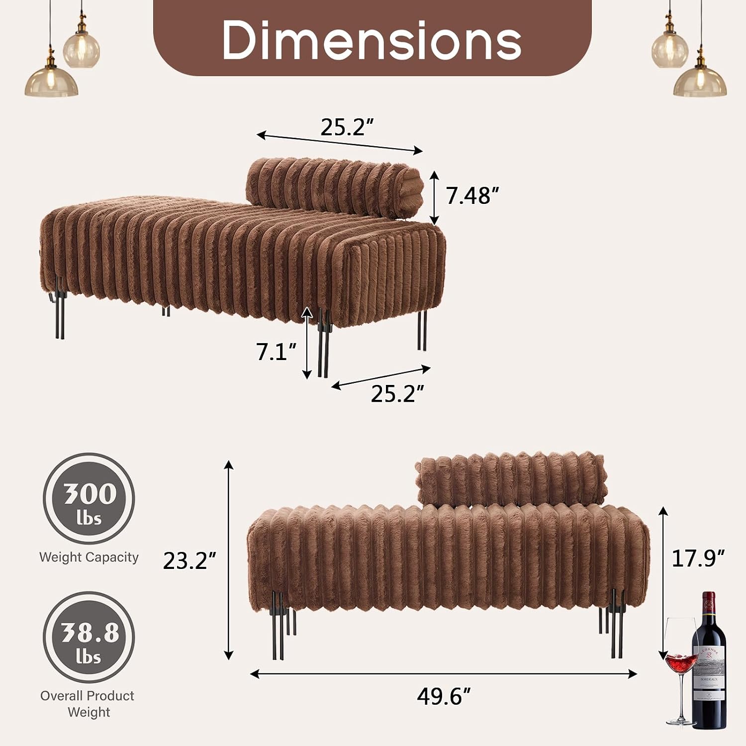 NIOIIKIT 49.6" Modern Loveseat Sofa Couch, Upholstered Accent Sofa with Golden Legs and Adjustable Backrest, Small Faux Fur Couches for Bedroom, Living Room, Compact Small Space (Brown)