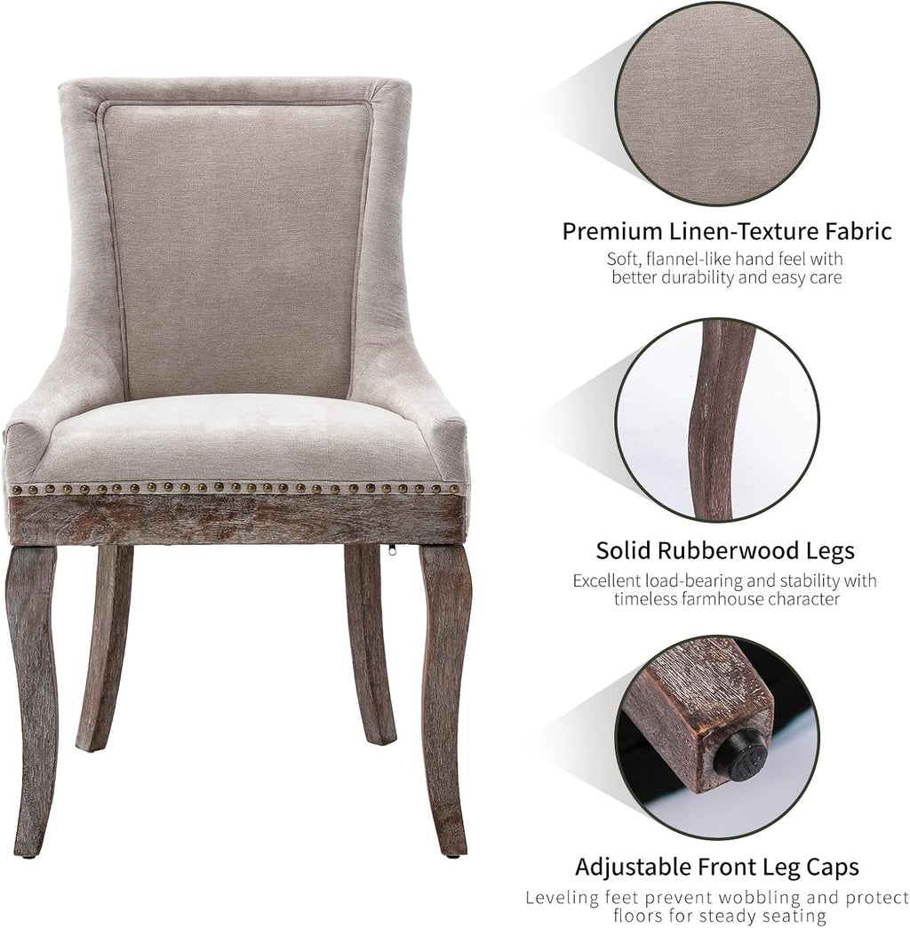 Modern Dining Chairs Set of 2, Fabric Upholstered High Back Chairs with Nailhead Trim and Curved Solid Wood Legs, Sillas de Comedor Accent Chairs for Dining Room, Beige