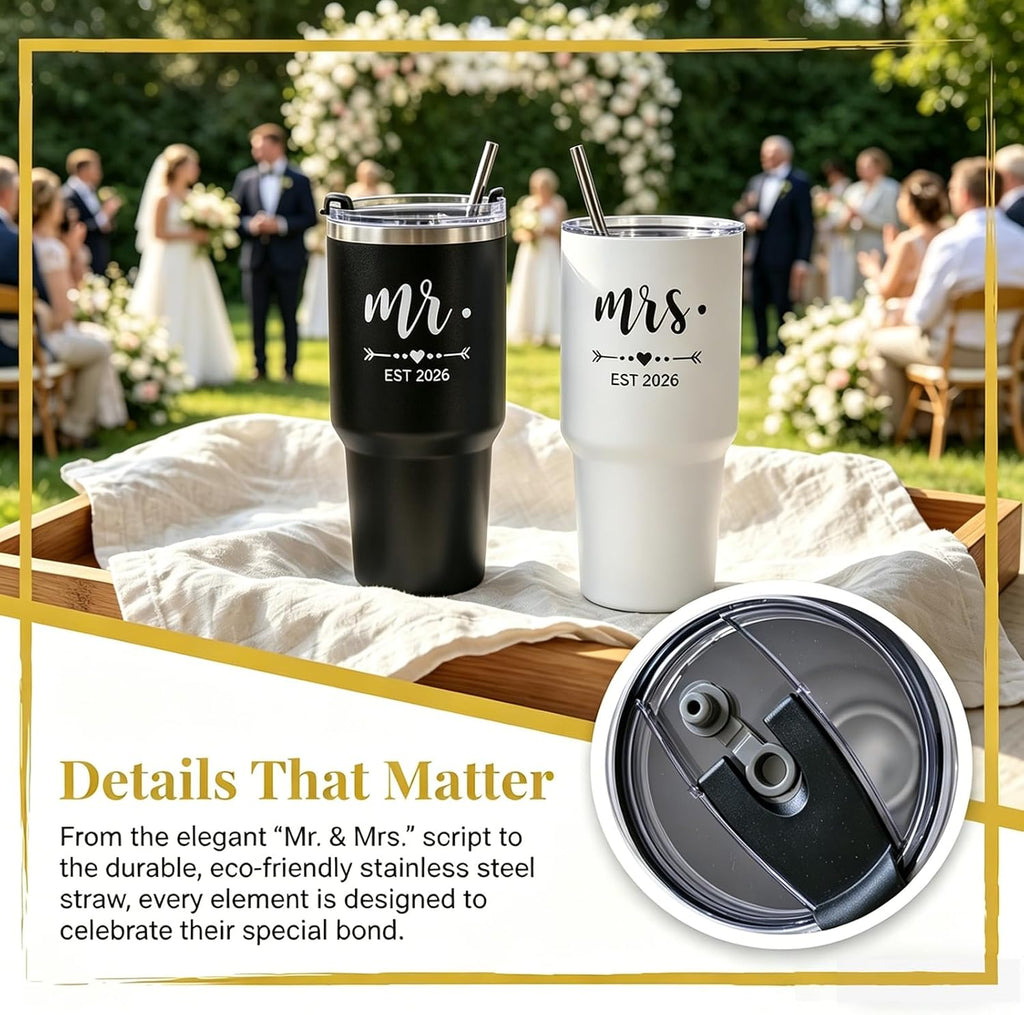DHQH Mr and Mrs Gifts 2026 Tumbler Set, Engagement Wedding Gifts for Couples Wife Husband Bride To Be 30oz Travel Tumbler (Black & White)