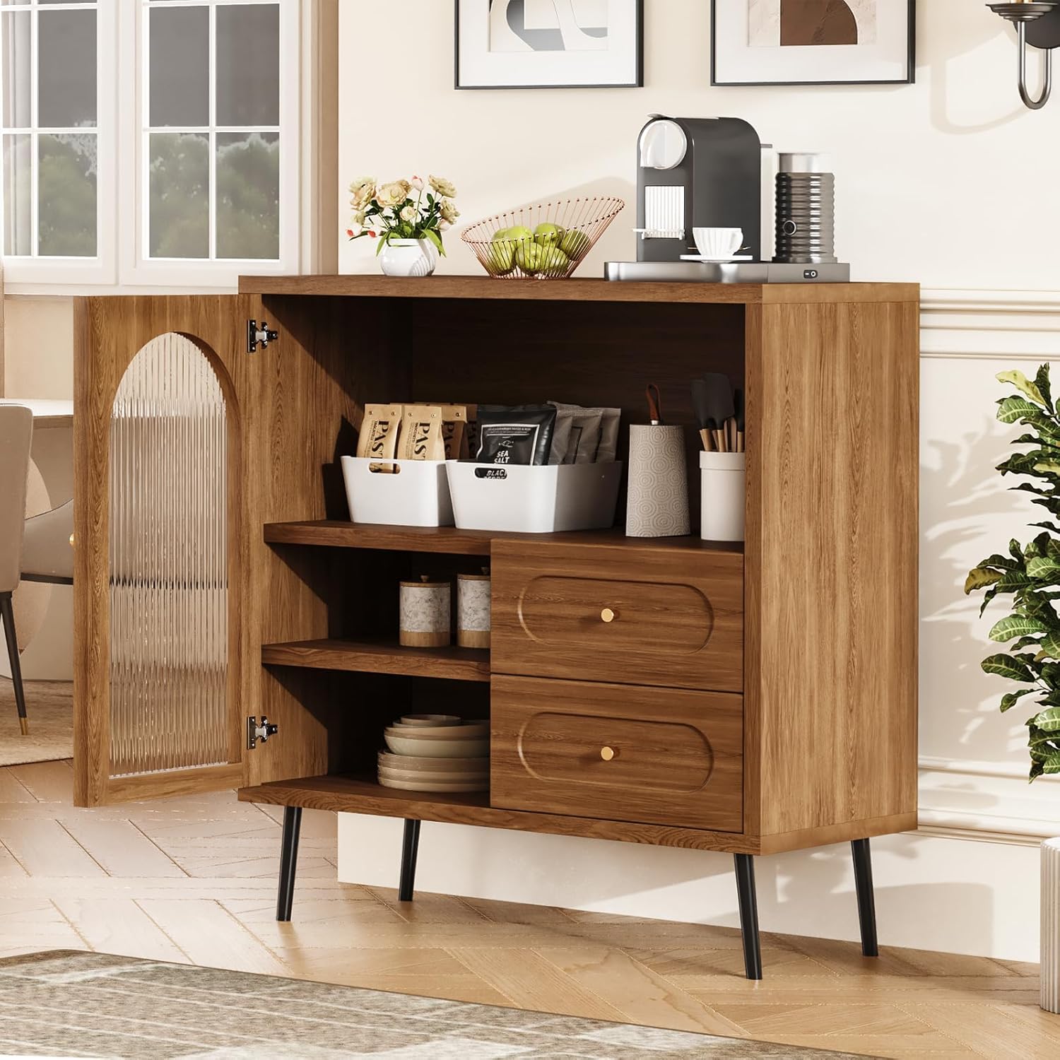 Wood Sideboard Cabinet - Slim Side Board Buffet Cabinet with Storage, Small Accent Credenza with Drawers and Door, Modern Coffee Bar Table for Kitchen, Dining Room, Entryway, Living Room