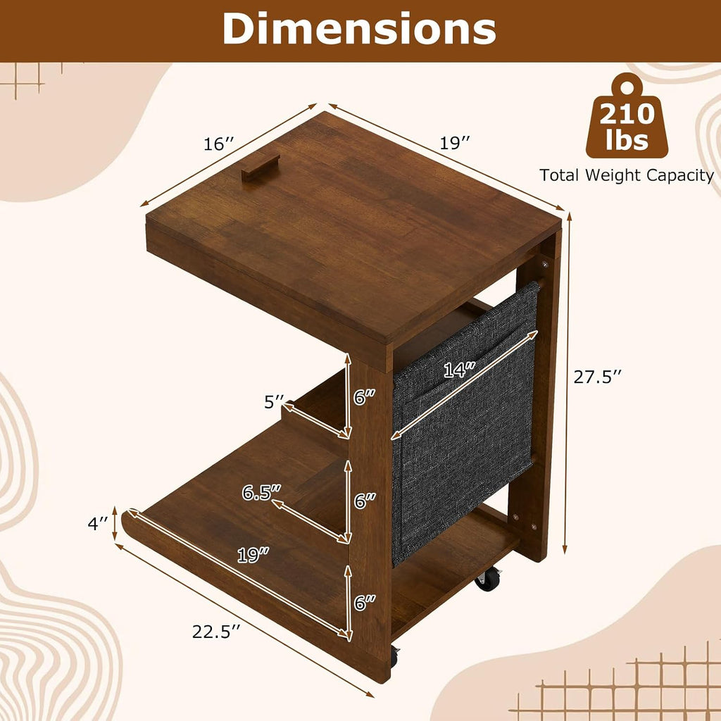 Giantex C-Shaped End Table with Wheels, Wooden Rolling Side Table w/Adjustable Desktop, Edge Stopper, Side Pocket & 3 Storage Shelves, Sofa Couch Bedside TV Tray for Living Room Bedroom (Brown,1)