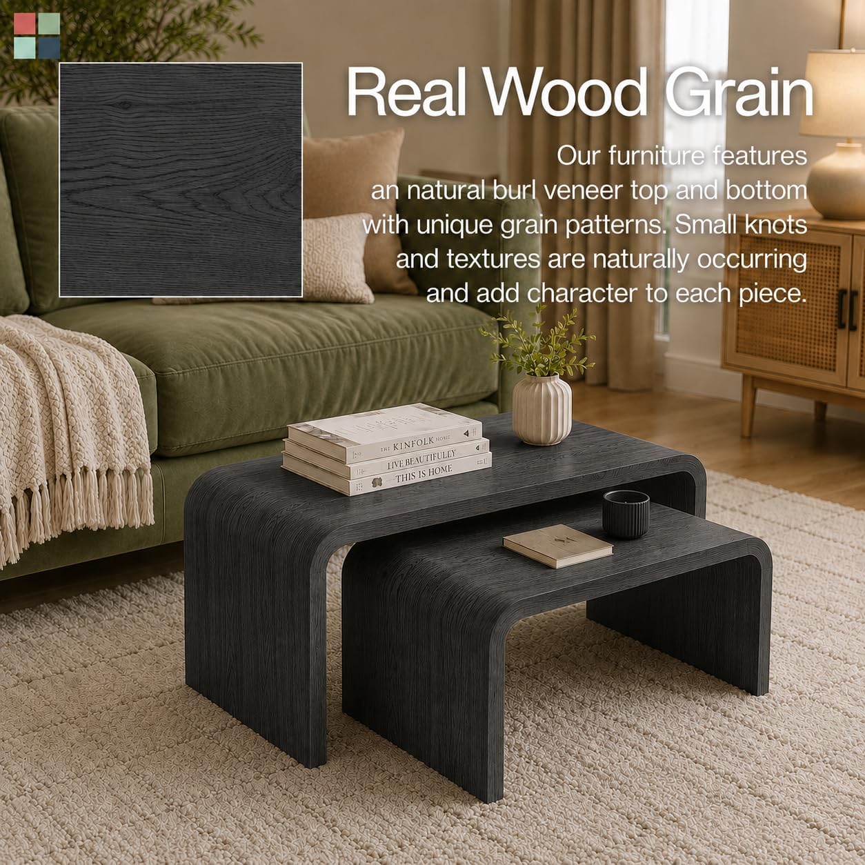 Stead Curved Nesting Coffee Table Set of 2, Modern Wood Nesting Tables for Living Room, Space Saving Stackable Coffee Tables, Fully Assembled