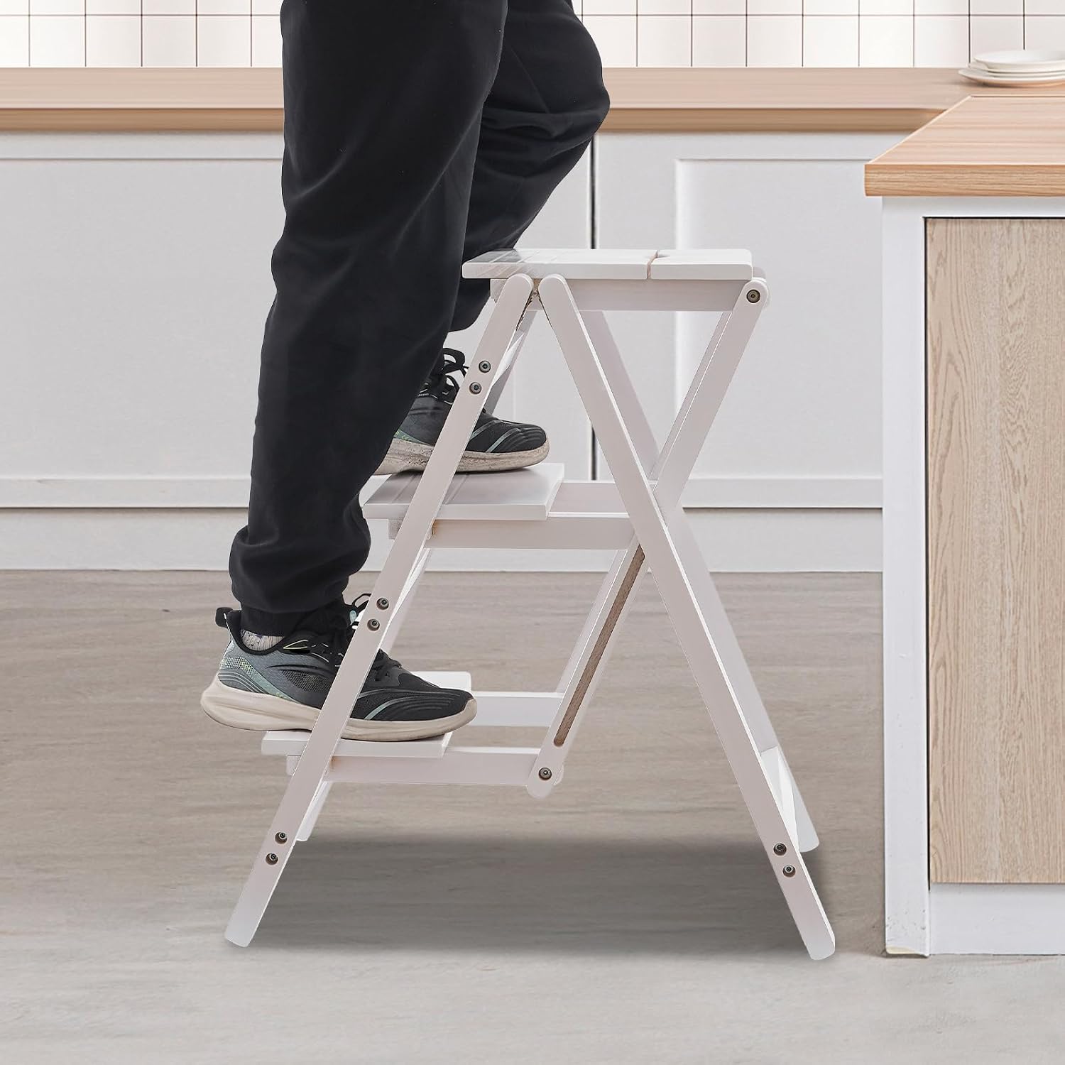 Folding Step Stool 3-Step Chair Ladder Multi-Functional Folding Solid Wood Ladder Stool Portable Wooden Step Stool for Household Kitchen and Office 220.46lbs, White