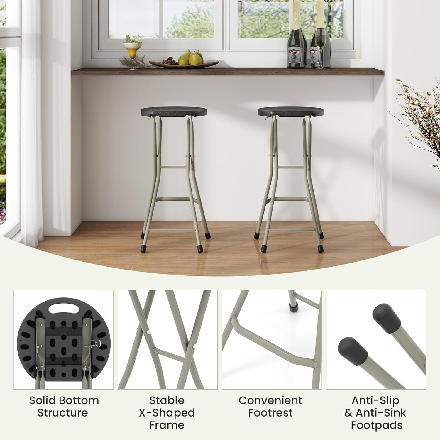 LDAILY Folding Stool, 28’’ Folding Bar Stool with Handle, Footrest, Anti-Slip Foot Pads and Steel Frame, Collapsible Round Stool Chair for Outdoor, Indoor, Garden, Camping, Fishing, Black (1)