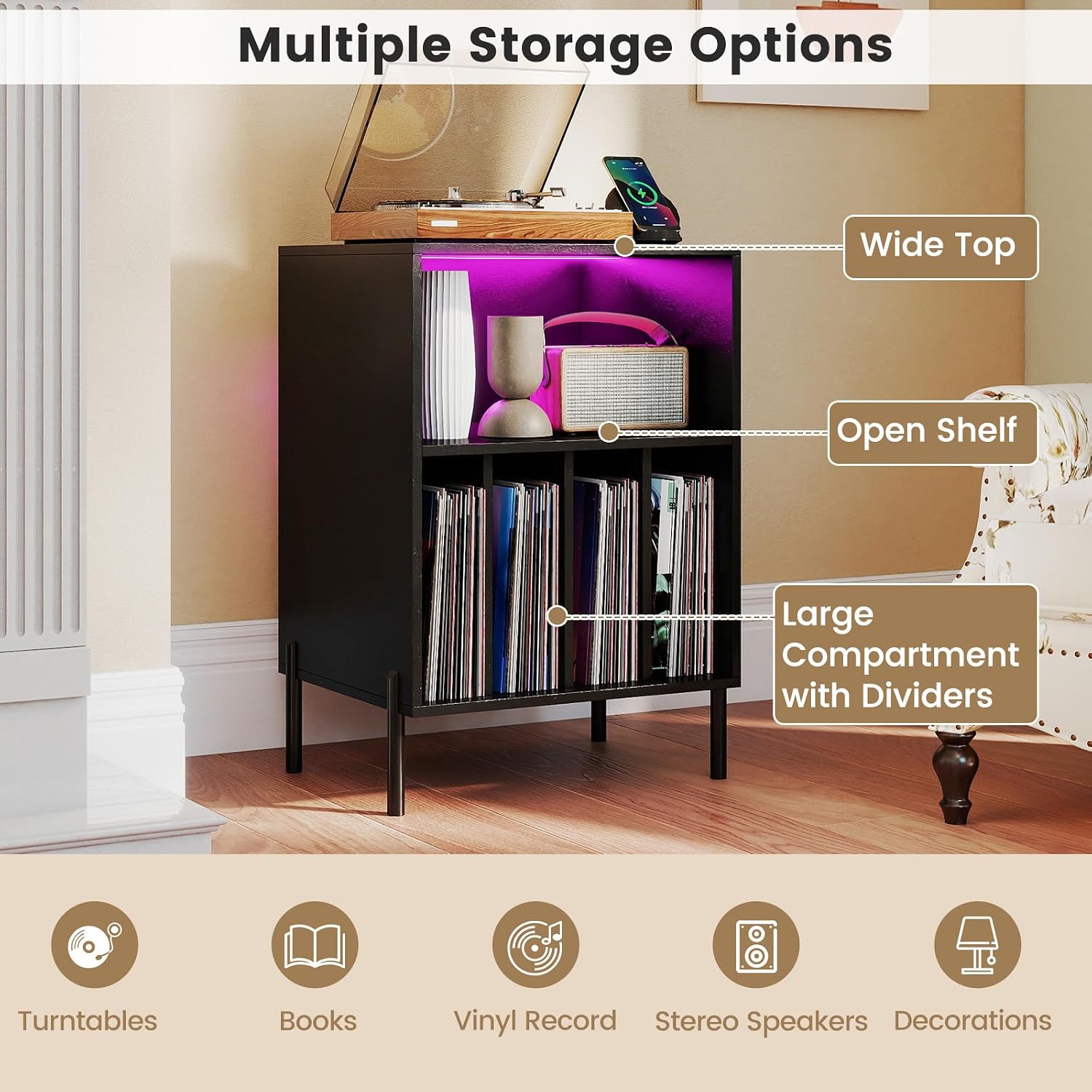 Giantex Record Player Stand with LED Lights & Charging Station, Turntable Stand with Record Holder, Record Player Table with Metal Legs, Vinyl Record Storage for Living Room, Music Room, Black