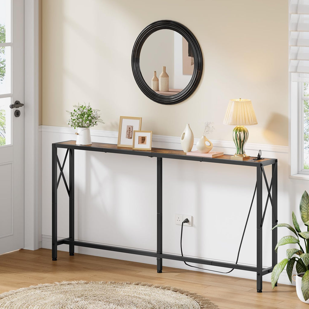 Gewudraw Console Table with Oulets and USB Ports, 55.1" Sofa Table Behind Couch, Industrial Long Skinny Stand for Hallway, Living Room, Bedroom, 6.5 Feet Power Cord, Rustic Brown