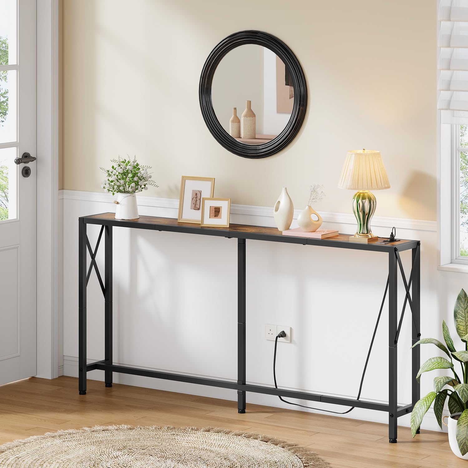 Gewudraw Console Table with Oulets and USB Ports, 55.1" Sofa Table Behind Couch, Industrial Long Skinny Stand for Hallway, Living Room, Bedroom, 6.5 Feet Power Cord, Rustic Brown