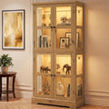 68" Tall Glass Display Cabinet with RGB LED Lights, Yellow Oak | 4-Tier Curio Cabinet with Glass Doors, Adjustable Glass Shelves, Display Case Bookcase for Collectibles and Figures