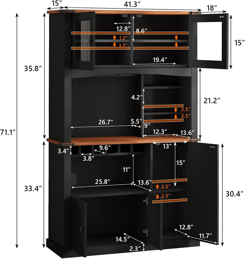 Einhomn 71" Tall Kitchen Pantry Cabinet with Charge Station, 3 Adjustable Shelves, Wine Rack and Glass Door, Kitchen Hutch for Dining Room, Kitchen and Living Room, Black