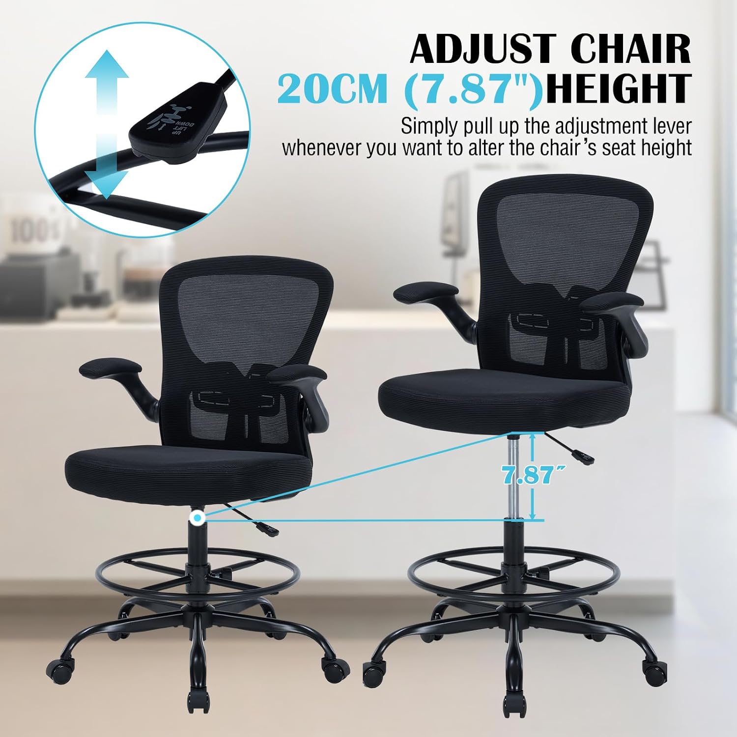 Drafting Chair Tall Office Chair, Standing Desk Chair with Flip-Up Armrests, Breathable Mesh High Chair Adjustable Height, Ergonomic Computer Chair with Lumbar Support and Adjustable Footrest Ring
