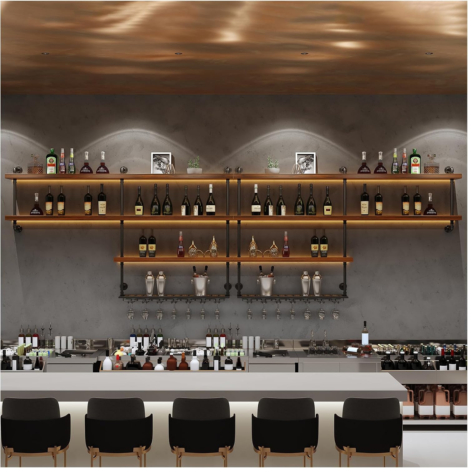 Solid Wood LED Wall Mounted Wine Rack | 4 Tiers Liquor Bottles Floating Shelves with Glass Holder, Industrial Style, Suitable for for Home Bar Dining Room