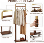 Taitiy Clothes Rack Solid Wood Coat Rack, Metal and Solid Wood Combination Clothing Rack with Wheels for Entryway, Bedroom, Living Room, Coat Racks Freestanding for Hanging Clothes Garment Scarf