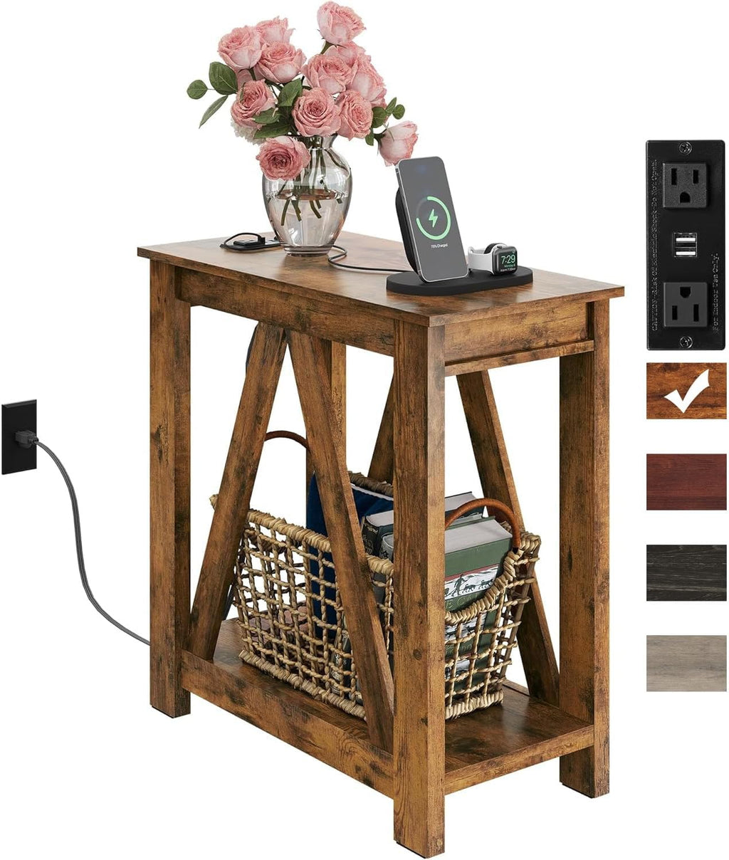 WLIVE Farmhouse End Table, Narrow Side Table with Charging Station, Slim End Table, Side Table for Bedroom, Living Room, Small Spaces, 2 USB and 2 Power Outlets, Rustic Brown