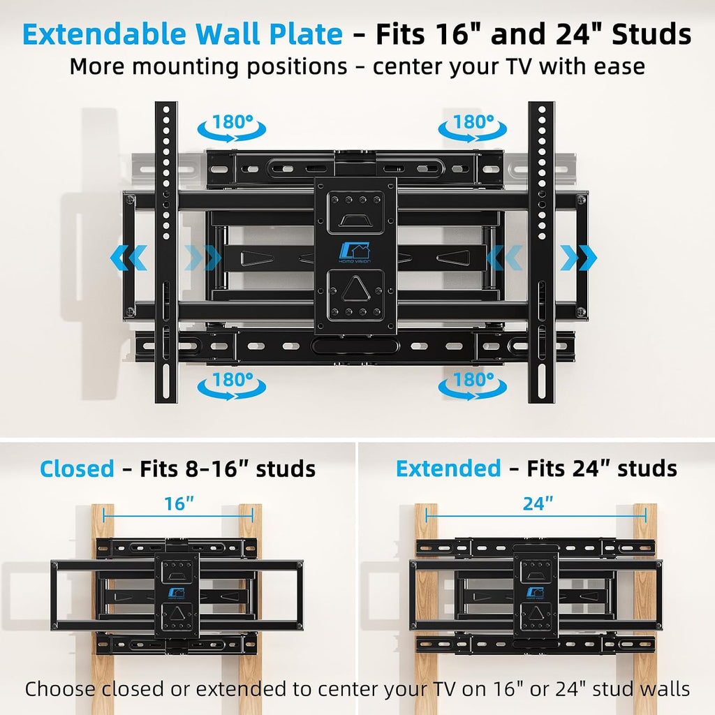 HOME VISION Full Motion Articulating TV Wall Mount for 37-90 Inch TVs up to 176 lbs, Fits 24" Wood Studs (8-24"), Heavy Duty TV Bracket & Mounts, Extendable Arm & Swivel Tilt Level, Max 600x400mm VESA