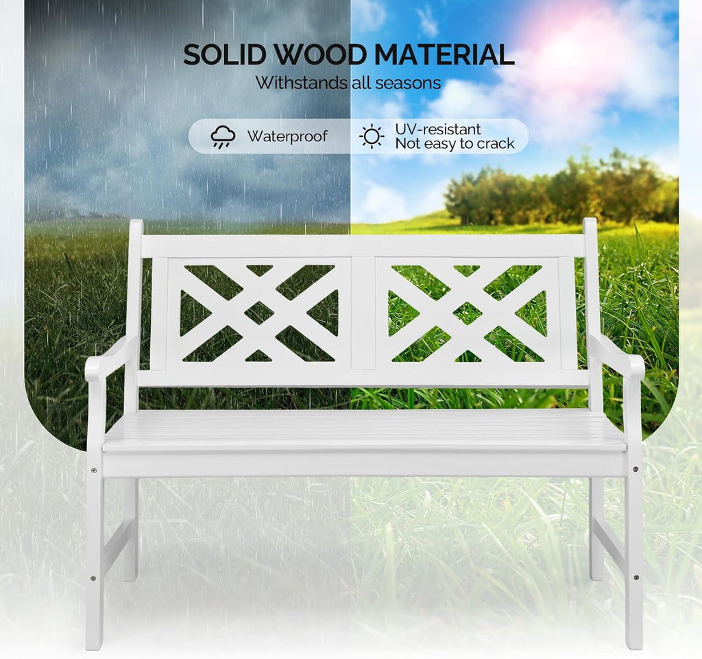 VINGLI 50" Outdoor Wood Bench, Weatehr Resistant Wooden Garden Patio Bench with Comfortable Backrest & Curved Armrest, 800lb Capacity Loveseat for Front Porch Park Yard Deck (White, Geometric)