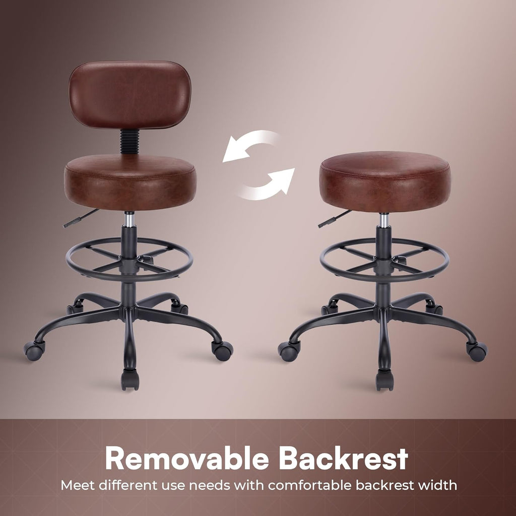 SUPERJARE Drafting Chair with Back, Adjustable Foot Rest Rolling Stool, Multi-Purpose Office Desk Chair, Thick Seat Cushion for Home Bar Kitchen Shop - Rustic Brown