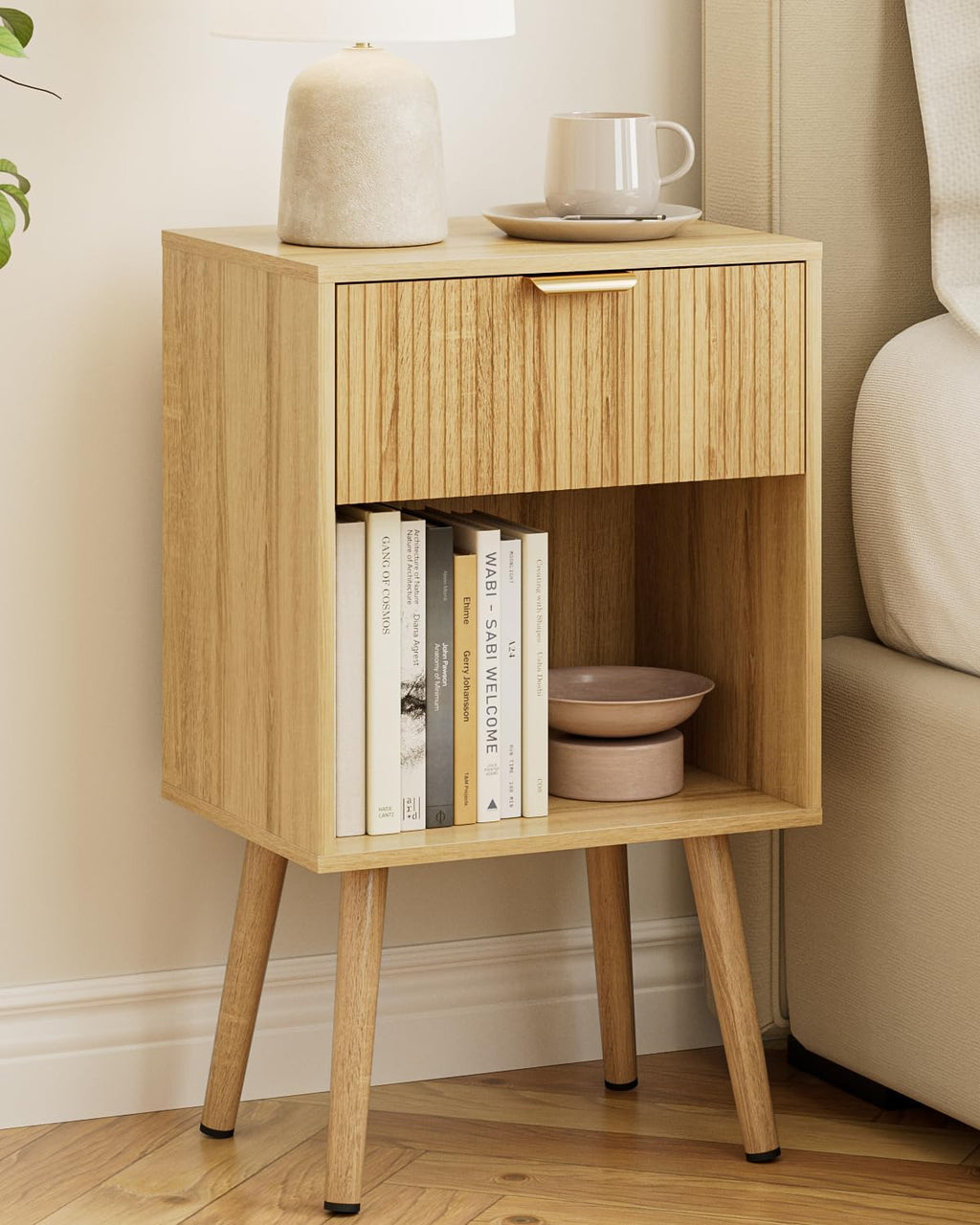 Oak Fluted Nightstand, Modern Bedside Table with Storage Drawer, Wood Night Stand Side End Table for Bedroom, Living Room, Office