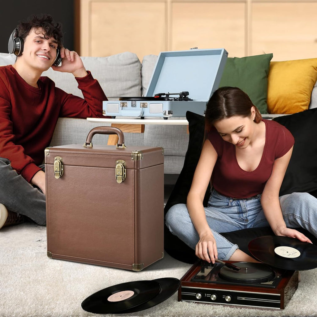Hododou Vinyl Record Storage Box with Lock Record Organizer Storage for 30+ Single Records 12-inch Water Resistant Collapsible Storage Crate with Lid Handle Mesh Pouch for Valuable Album Collection