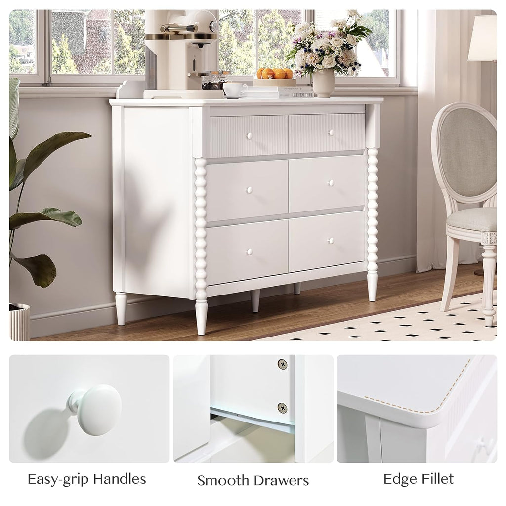 JOINICE White Nursery Dresser for Kids Bedroom, 6 Drawers for Storage | Jenny Lind Spindle Legs Dresser, Baby Clothes Organizer for Toddlers, Children's Room, Anti-tip Kit for Safety