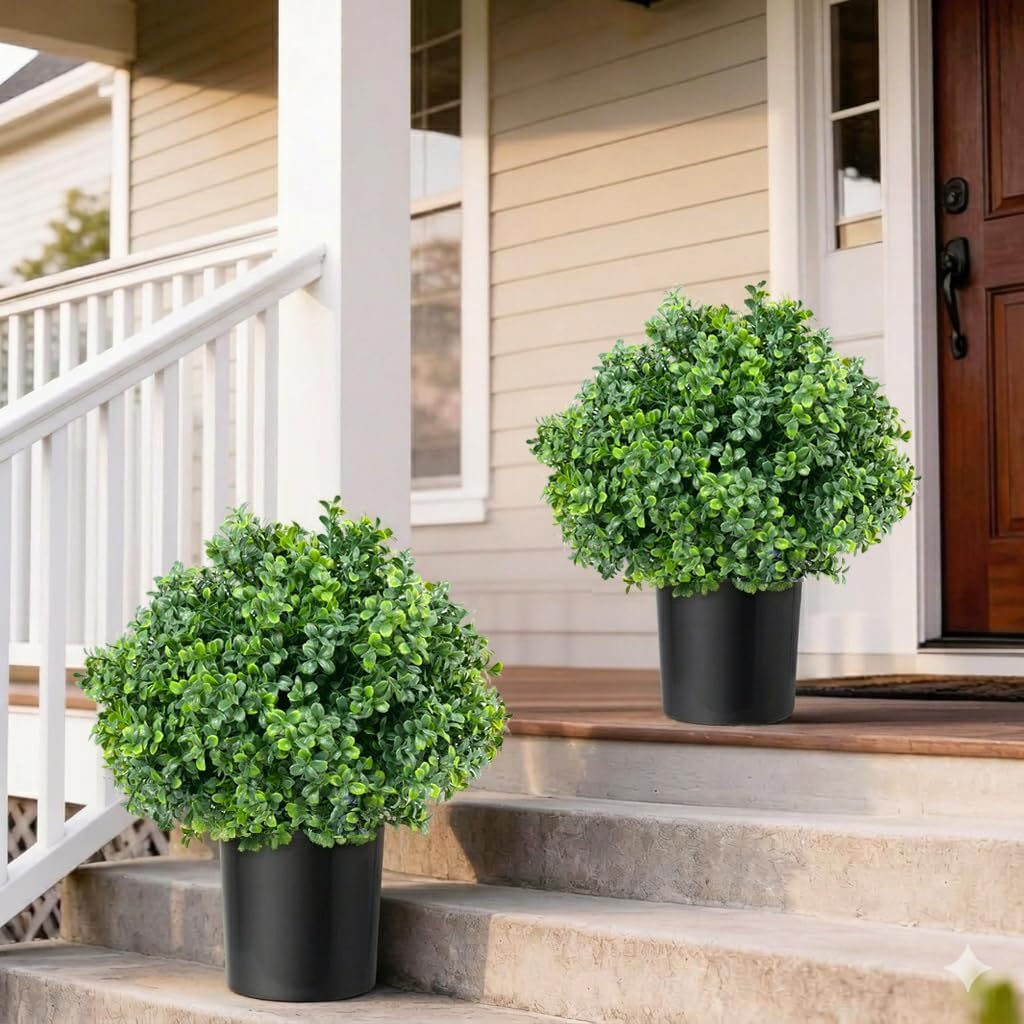 ENVEN Set of 2 Artificial Boxwood Topiary Trees for Front Door - Faux Realistic Greenery Potted Plants, Fake Outdoor UV-Resistant Bushes with Pots for Porch,Farmhouse,Home,Garden Decor