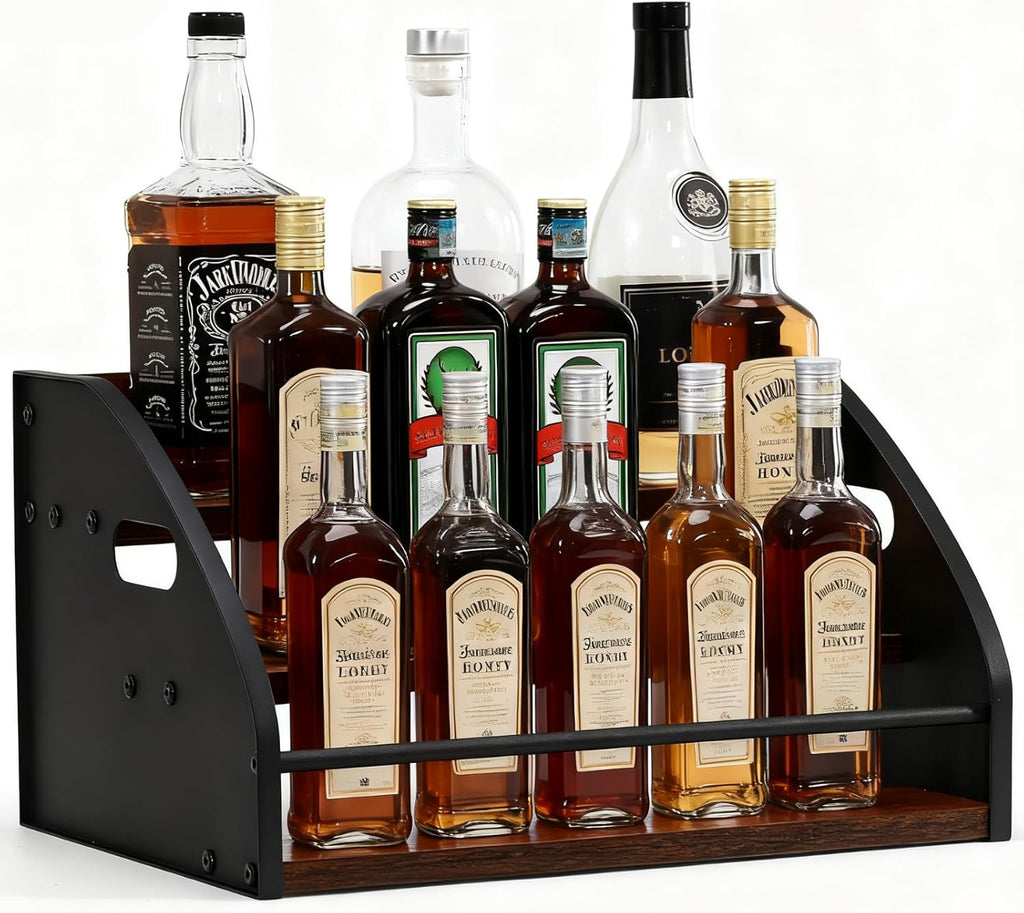 Liquor Bottle Display Shelf, Coffee Syrup Rack Organizer with Metal Hand, 3 Step Countertop Liquor Wine Rack, Mini Bar, Liquor Cabinet, Home Retro Bar Shelf Stand for Liquor Whiskey, Bourbon, Spirits