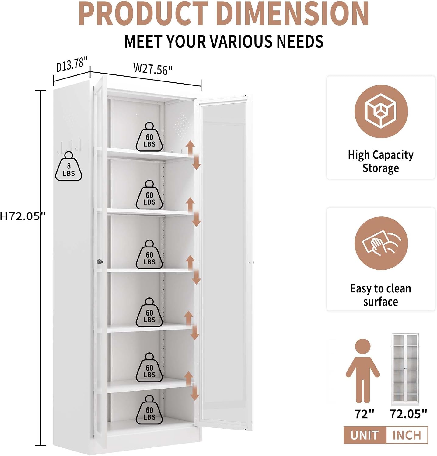 Tall Kitchen Cabinet Storage, Food Pantry Cabinet with Doors and Shelves, Tall Kitchen Cabinets with 5 Adjustable Shelves, White Metal Cabinets for Dining Room (White + Glass Door + Metal)