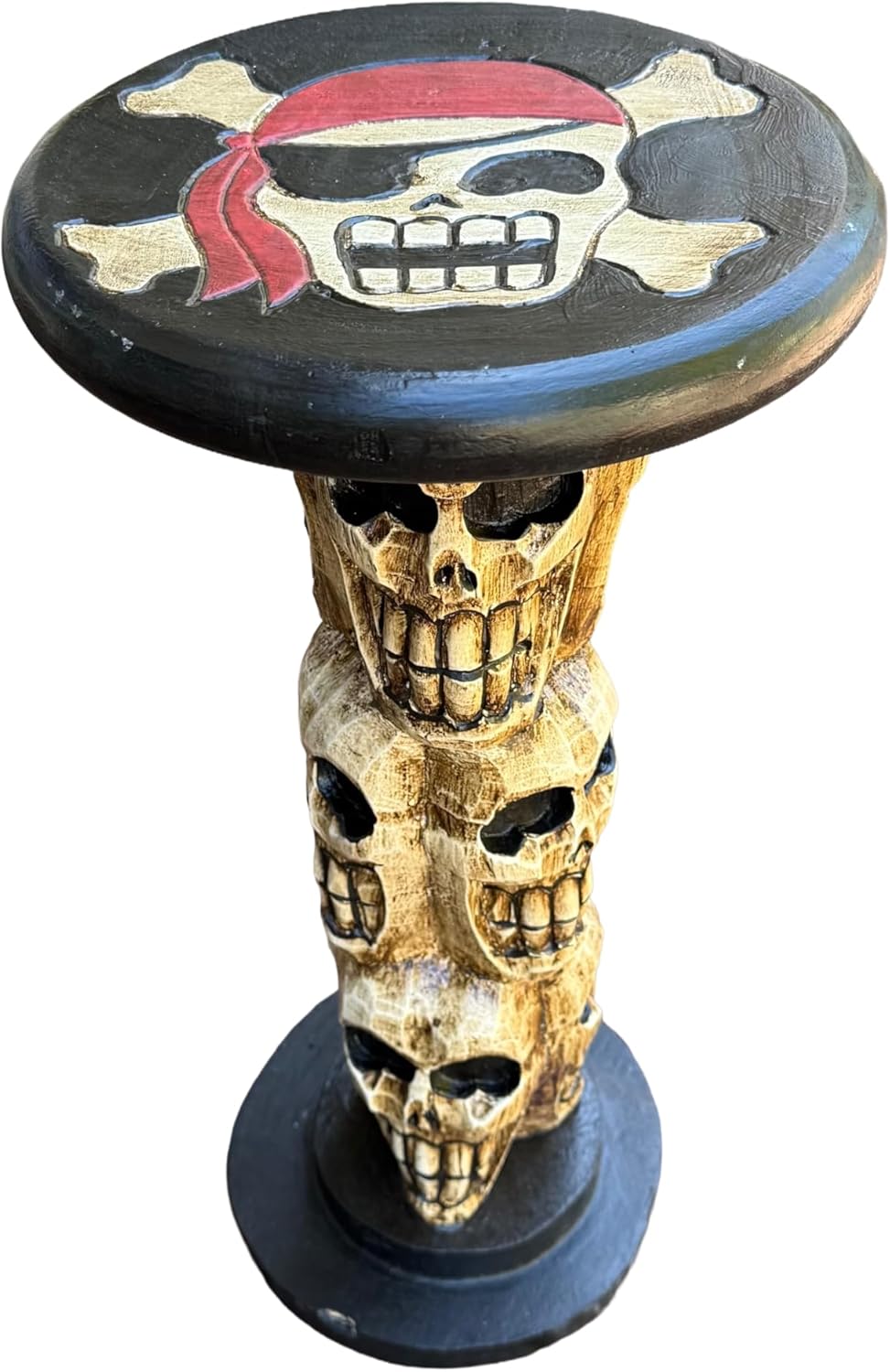 Pirate Skull and Crossbones Side Table, Hand-Carved Wood, 21 Inches Tall, 10-Inch Round Top Set of 2
