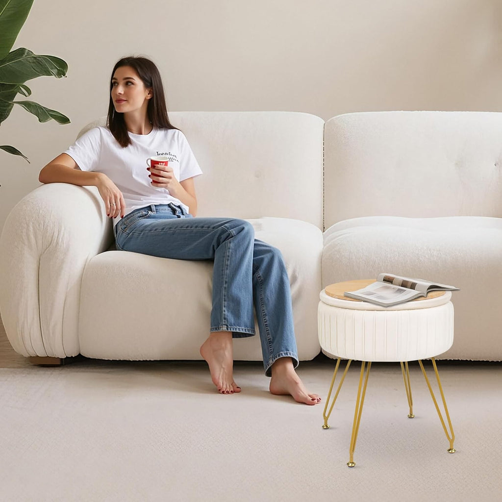Round Vanity Stool with Storage Ottoman,Vanity Chair for Makeup Room with Removable Cover, Small Footrest Ottoman for Home, Living Room, Bedroom (Beige)