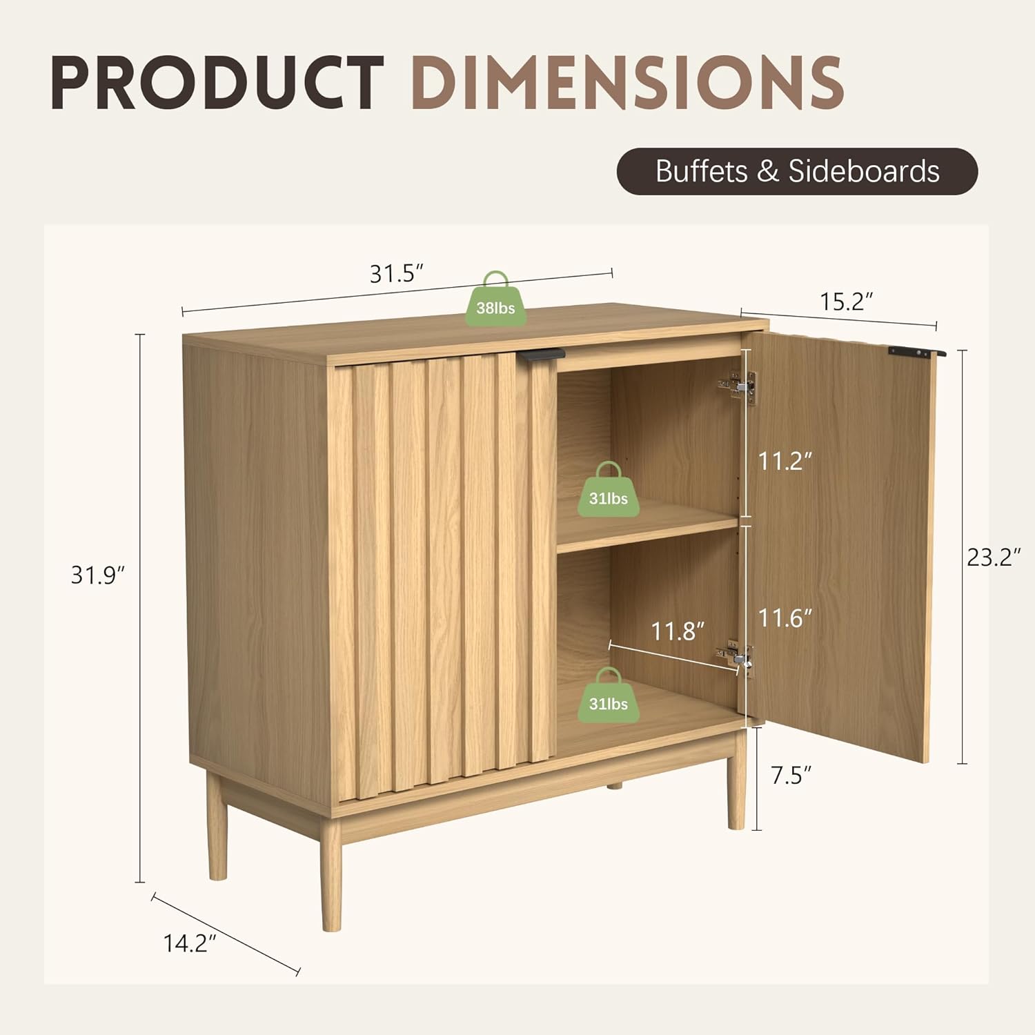 Otterease Fluted Buffet Cabinet with Storage, Wooden Sideboard with Doors & Adjustable Shelves, Modern Accent Cabinet for Kitchen, Living Room, Entryway, Hallway, Natural