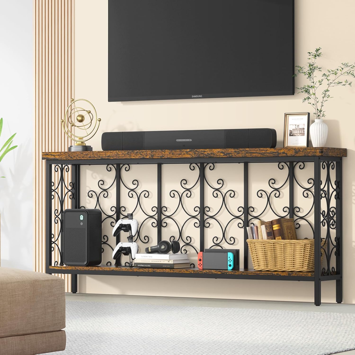 ikkle 70.9" Extra Long Console Table, Industrial Narrow Sofa Table Behind Couch with 2 Tier Storage Shelf, Entryway Hallway Accent Table for Living Room, Foyer, Rustic Brown