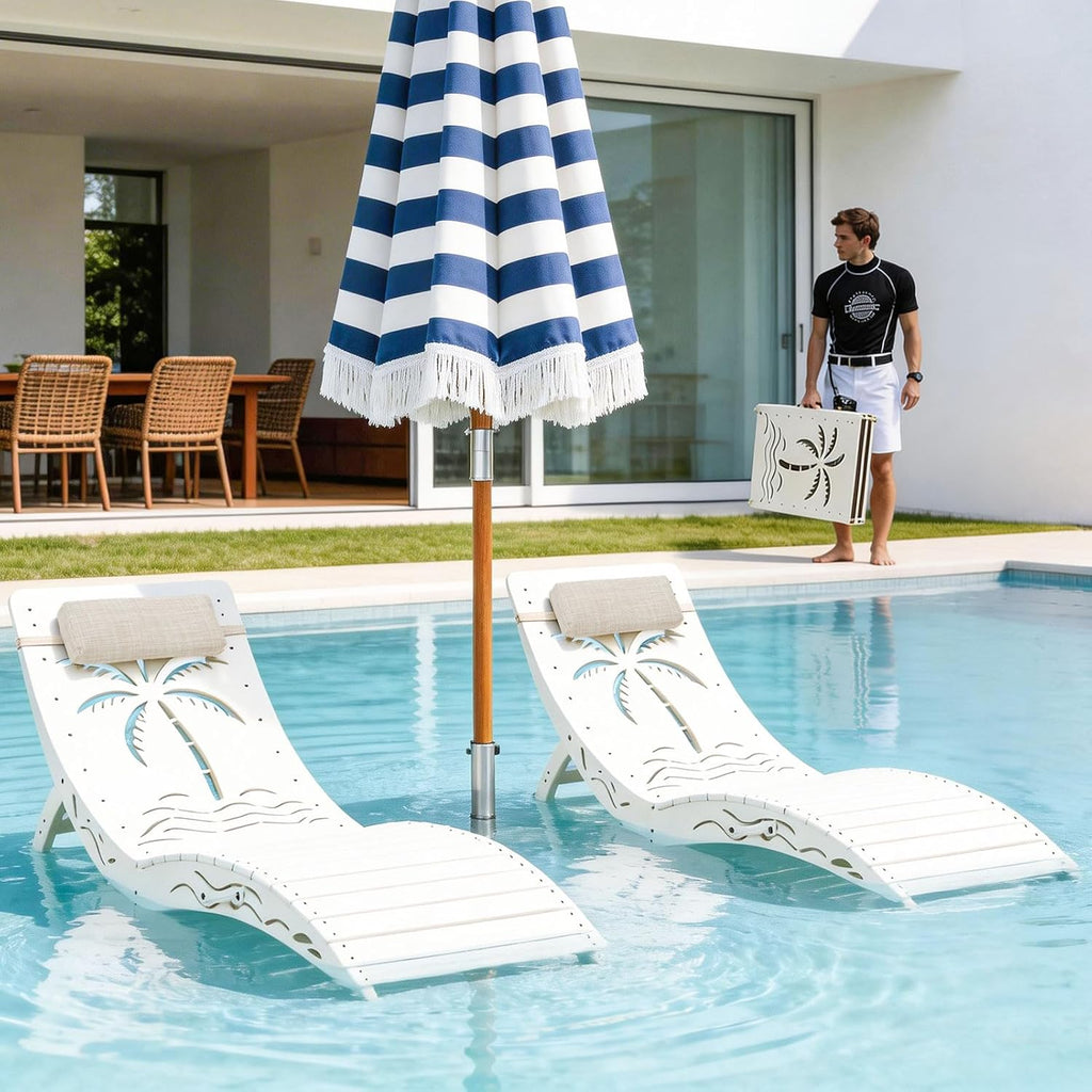 Folding in Pool Lounge Chair Set of 2, HDPE Fade Resistant Patio Chaise Sun Tanning Lounge Chairs, Ledge Lounger for Easy Carry, Palm Pattern for Beach Backyard Poolside Deck Wading Area White