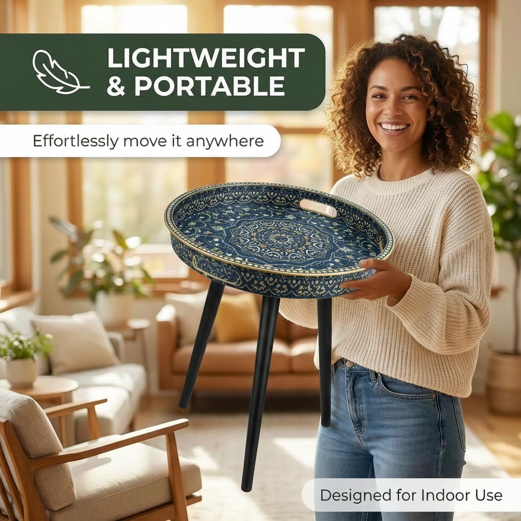 Round Indoor Side Tables with Detachable Wooden 3 Legs, Versatile Tray Table, Perfect for Round Coffee Table Tea, and Relaxation Time 17.7 Inch (33 Blue Maze)