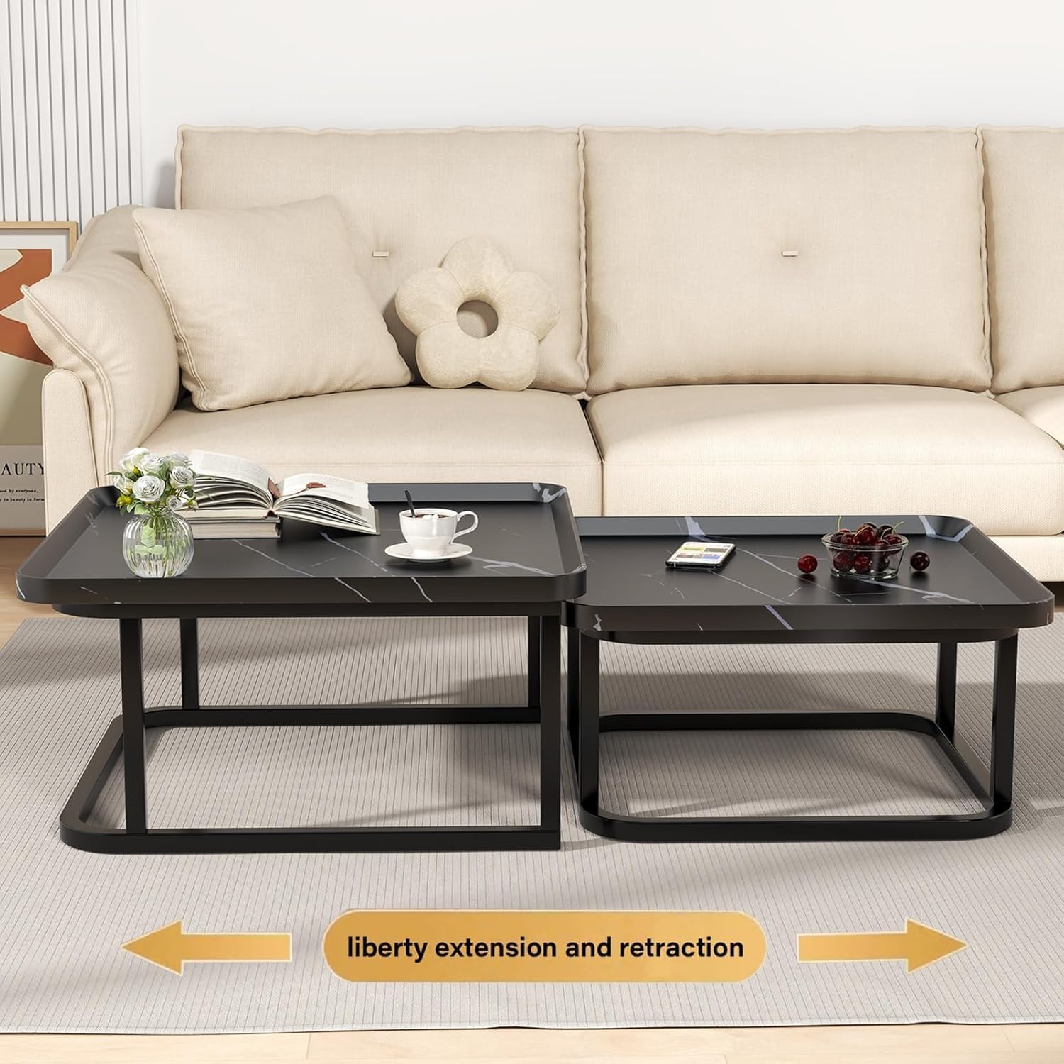 Nesting Coffee Table Set of 2, 23.6"+19.7" Nesting Tables,Small Square Coffee Table with Fluted,Center Table for Living Room Bedroom Office Balcony Yard (Black)