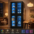 Cyclysio 67" LED Kitchen Pantry Cabinet with 6 Adjustable Shelves, Tempered Glass Doors, Built-in Color-Changing LED, Large Storage Cupboard for Kitchen, Dining, Living Room, and Bathroom, Black