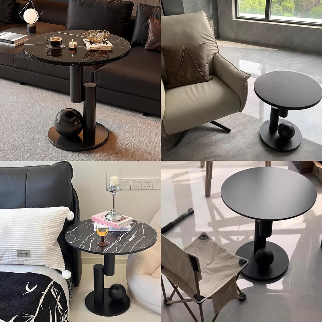 Creative Metal End Table, Living Room Coffee Table with Marble Tabletop, Modern Geometric Decorative Table for Sofa Bedroom Apartment Reception Area Hotel(Width 23.6in/60cm, Black-White Base)