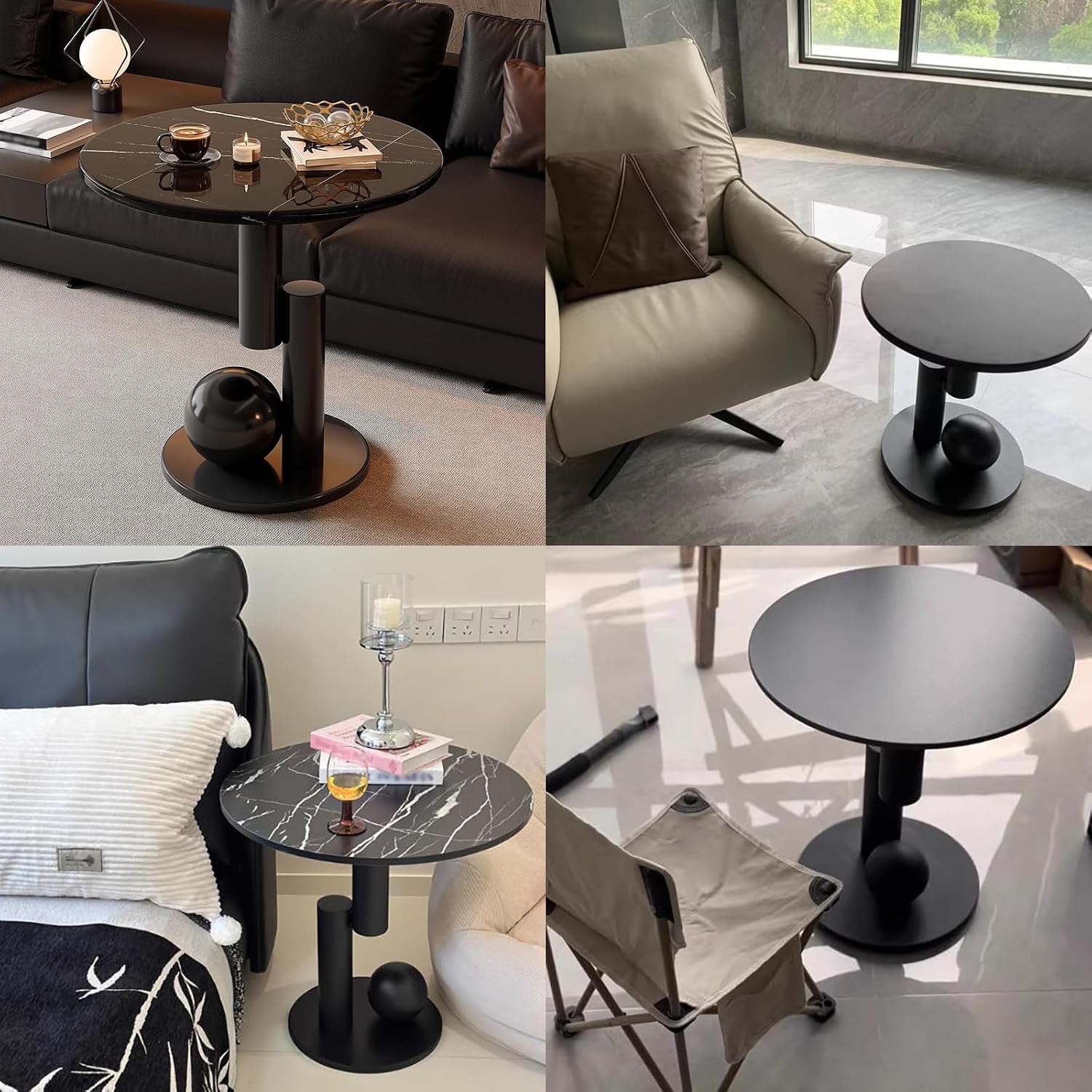 Creative Metal End Table, Living Room Coffee Table with Marble Tabletop, Modern Geometric Decorative Table for Sofa Bedroom Apartment Reception Area Hotel(Width 23.6in/60cm, Black-White Base)