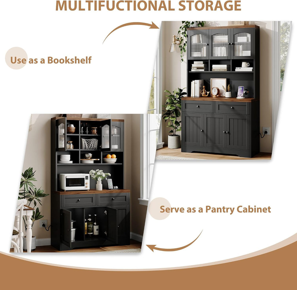 Garvee 71" Pantry Cabinet with Charging Station, Tall Kitchen Pantry Storage Cabinet with Microwave Stand, Farmhouse Kitchen Hutch with Storage Drawers for Living Room, Dining Room, Black