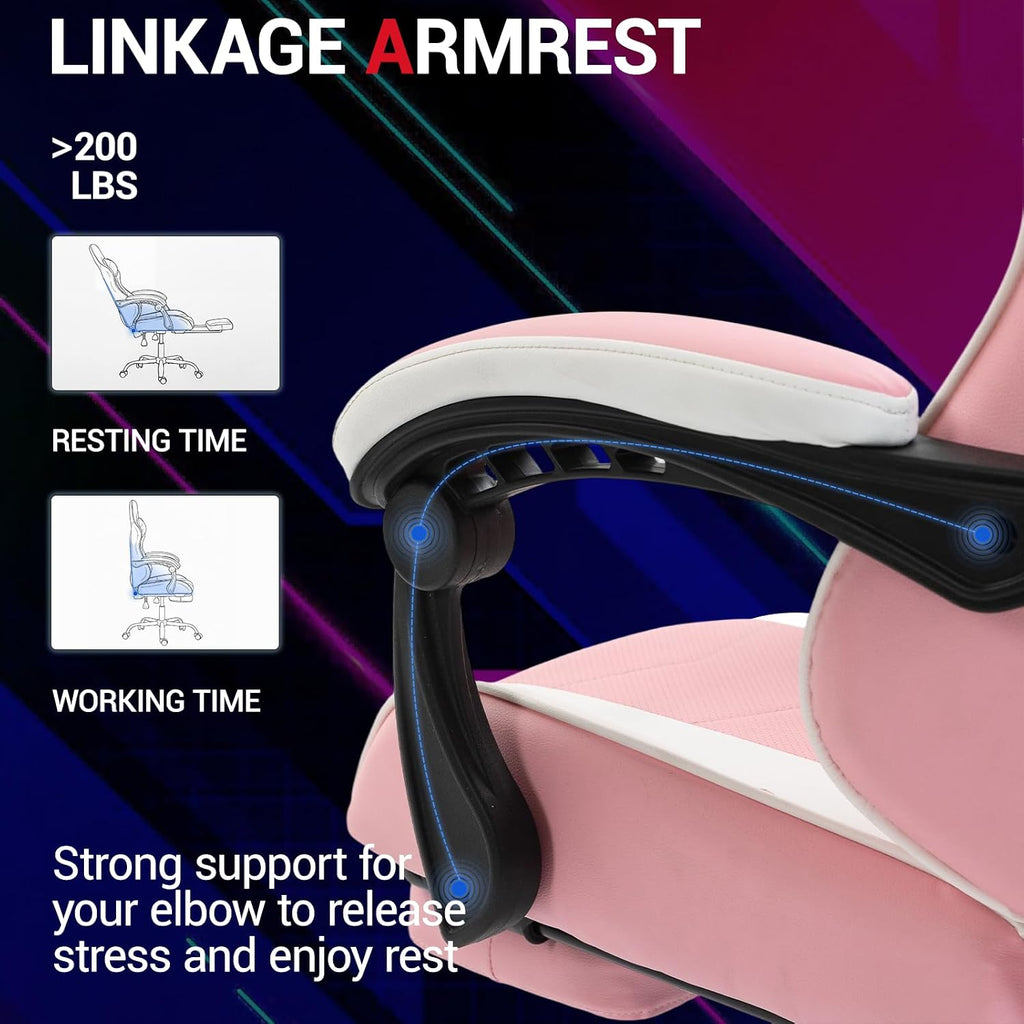 Gaming Chair with Footrest for Adults, PU Leather Video Game Chair with Massage Lumbar Support for Men Women, Ergonomic Computer Gamer Chair for Home Office, Height Adjustable, Pink