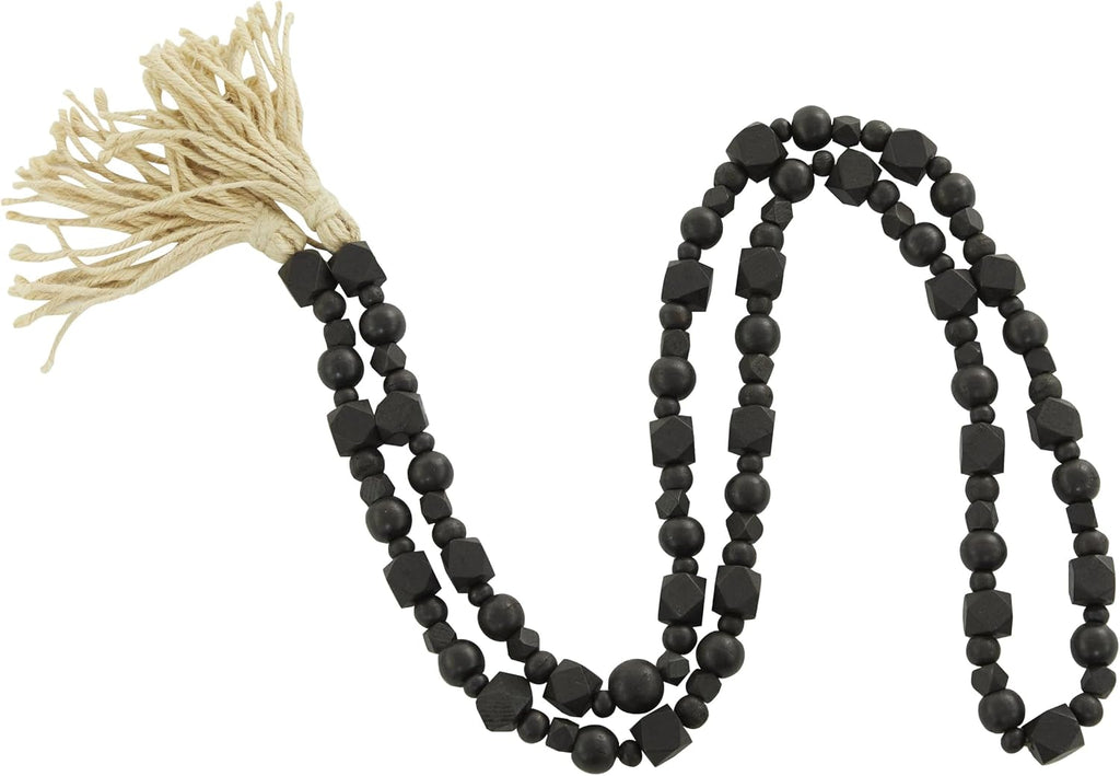 Deco 79 Wood Geometric Handmade Beaded Garland with Tassel, 1" x 1" x 80", Black