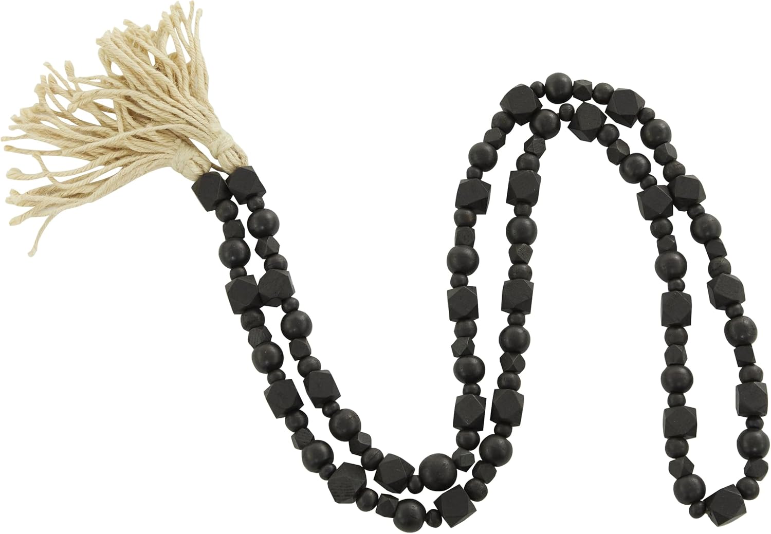 Deco 79 Wood Geometric Handmade Beaded Garland with Tassel, 1" x 1" x 80", Black