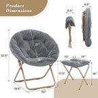 Athena Collection Round Saucer Chair with Ottoman Set for Adults, Oversize Comfy Cozy Faux Fur Folding Reading Chair with Metal Leg Lazy Relaxing for Living Room Bedroom Dorm Apartment, Grey