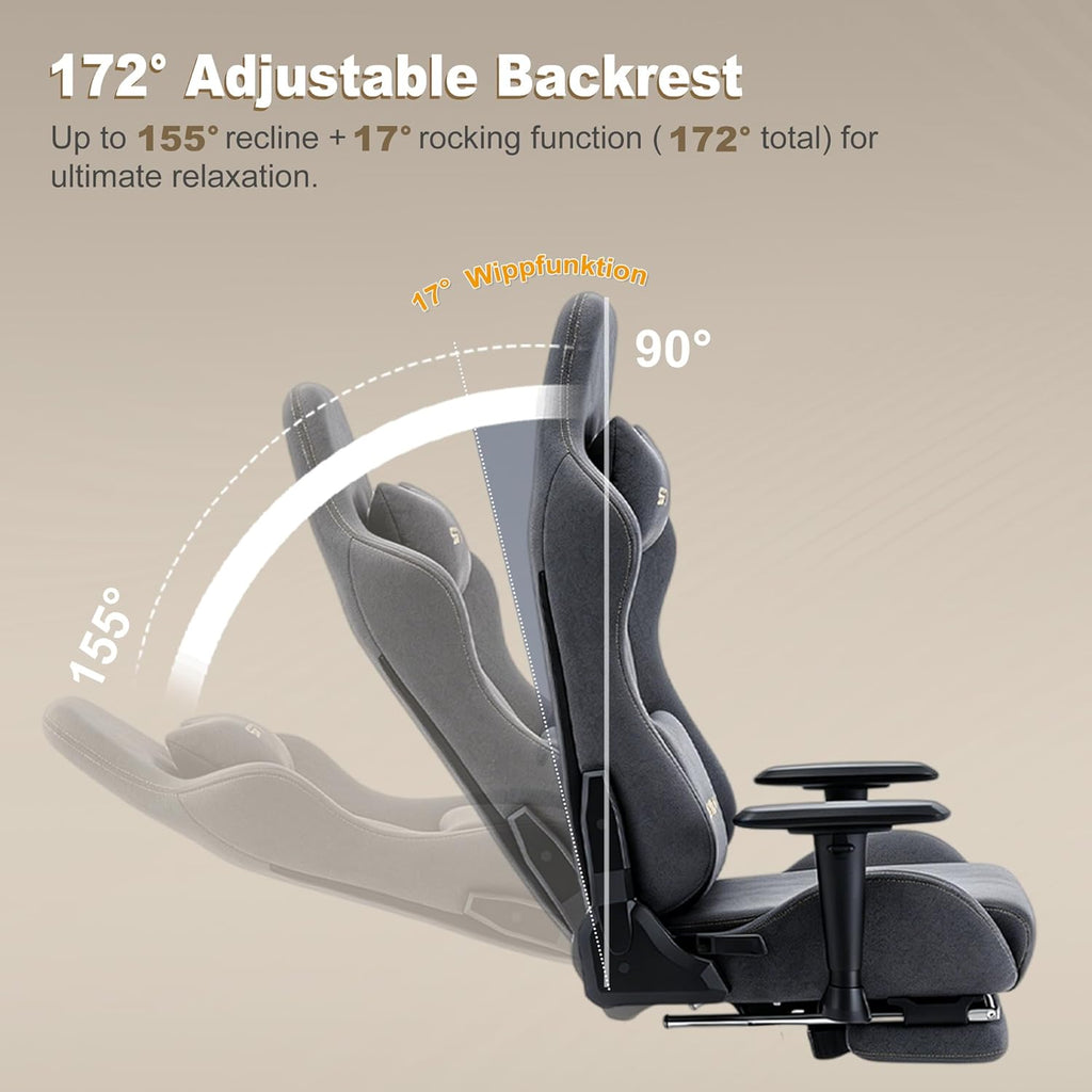 Symino Gaming Chair, Ergonomic Office Chair with 2D Armrests, 150° Recline, Breathable Faux Suede Fabric, Adjustable Headrest, Computer Desk Chair for Home Office, with Footrest, Grey